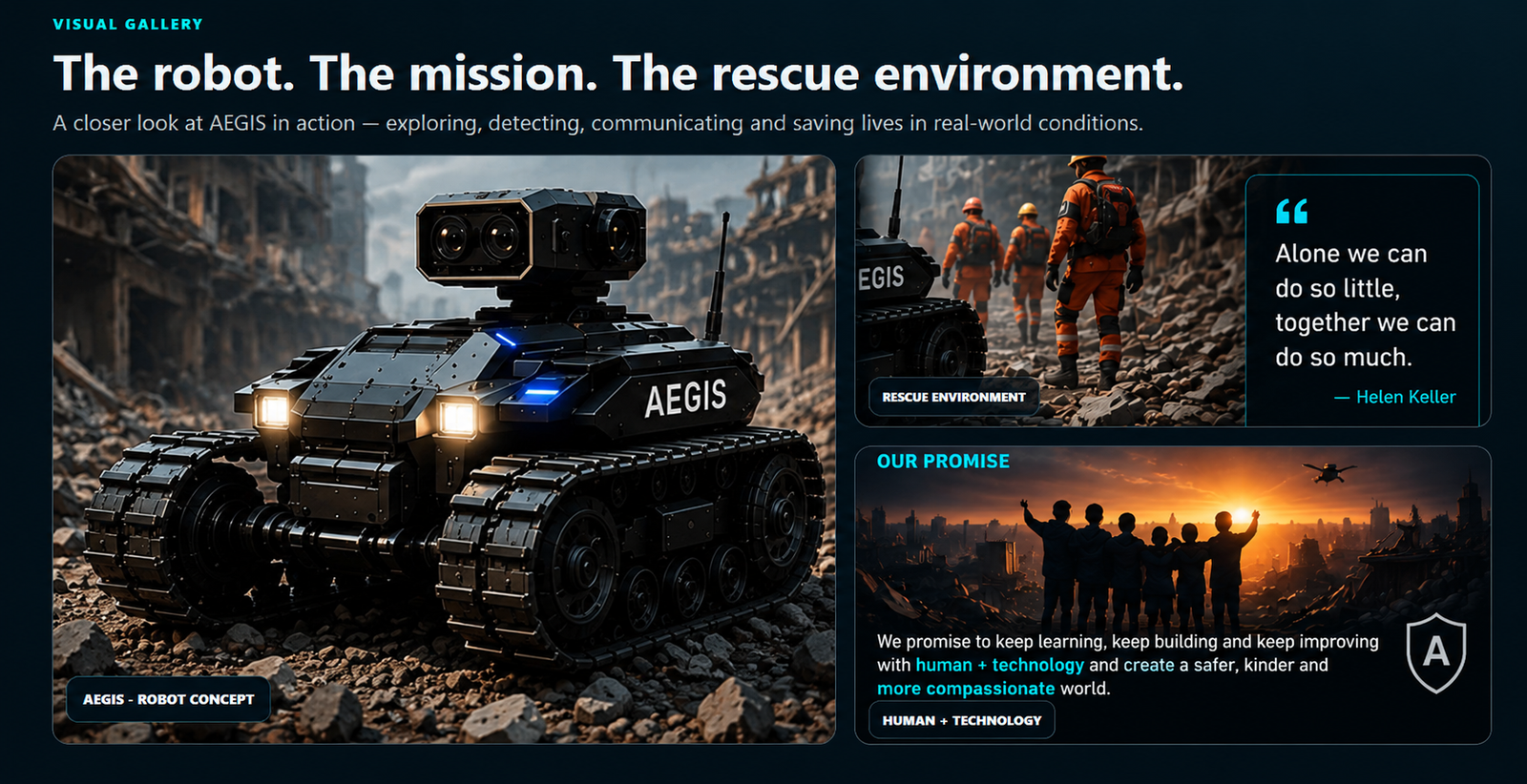Approved AEGIS visual gallery with full rescue quote and Our Promise text